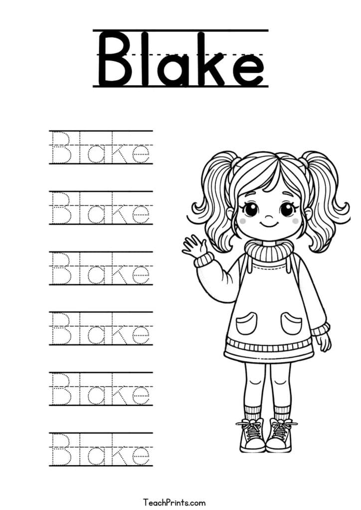 Blake Name Tracing Worksheet Girl