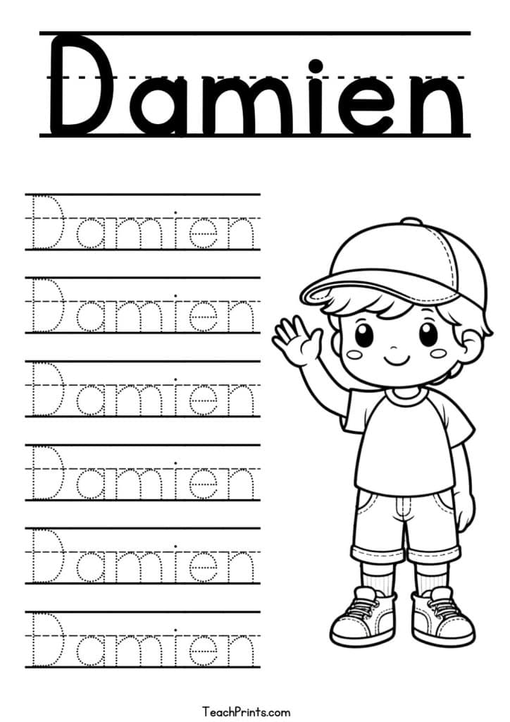 Damien Name Tracing Worksheet