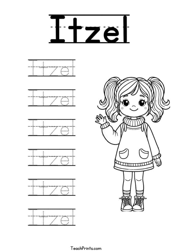 Itzel Name Tracing Worksheet