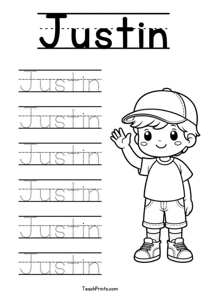 Justin Name Tracing Worksheet