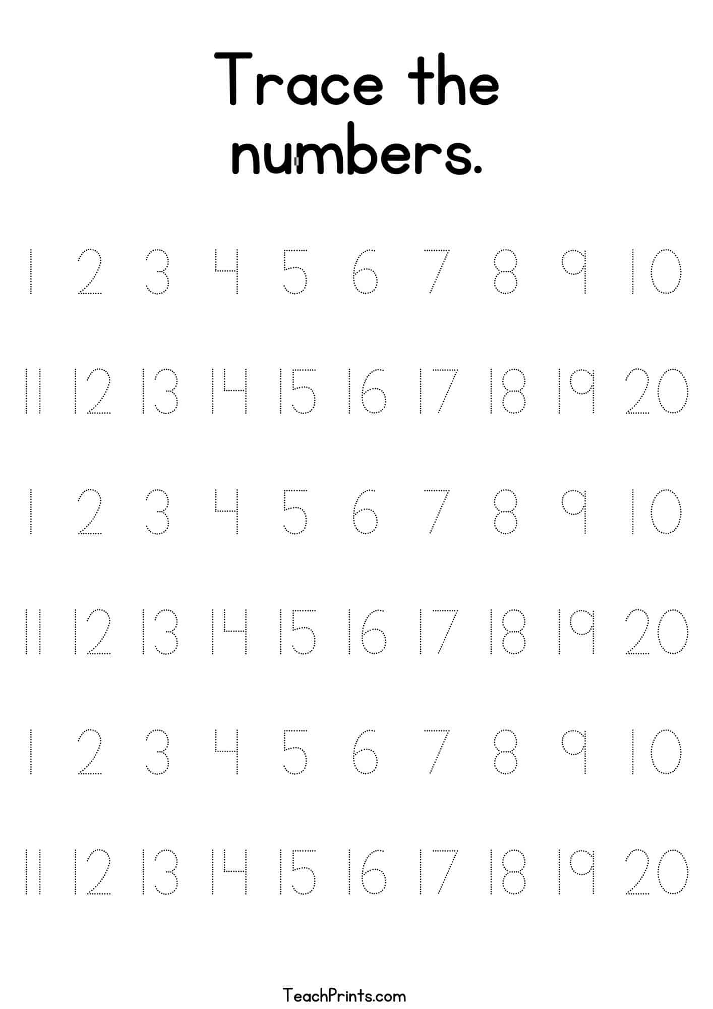 Tracing Numbers 1-20 Worksheets (Free Printable Pdfs) - Teach Prints