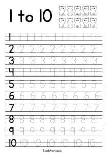 Tracing Numbers 1-10 Worksheets (Free Printable Pdfs) - Teach Prints