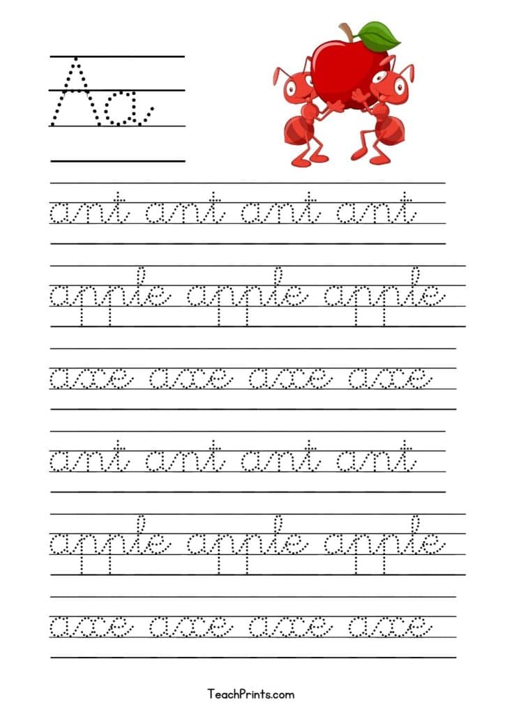 cursive A tracing worksheet free