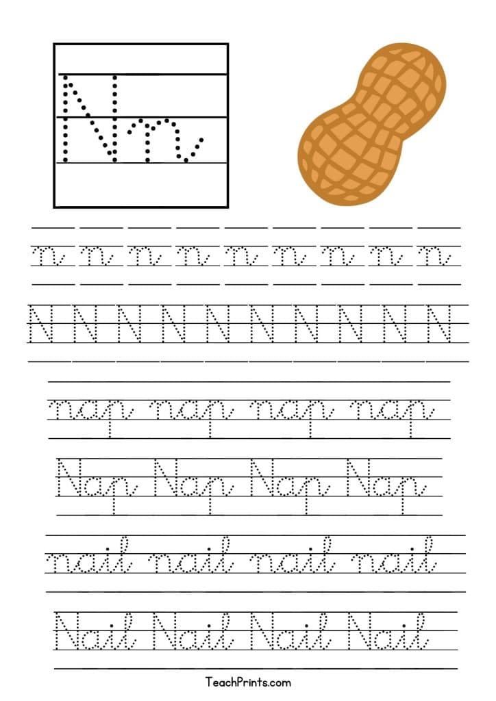cursive n worksheet printable