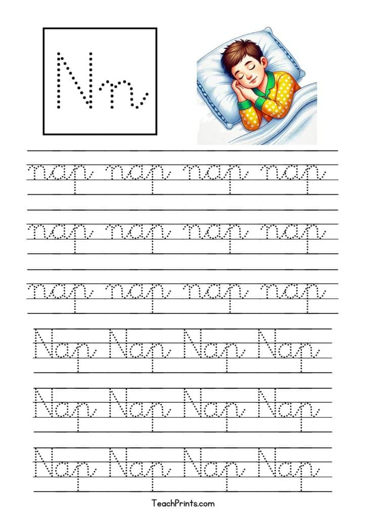 free cursive n tracing worksheet