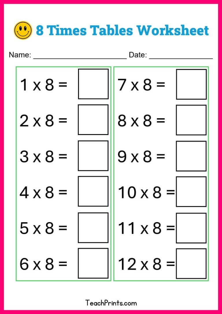 Free Eight Times Tables Worksheets (8 Versions) - Teach Prints