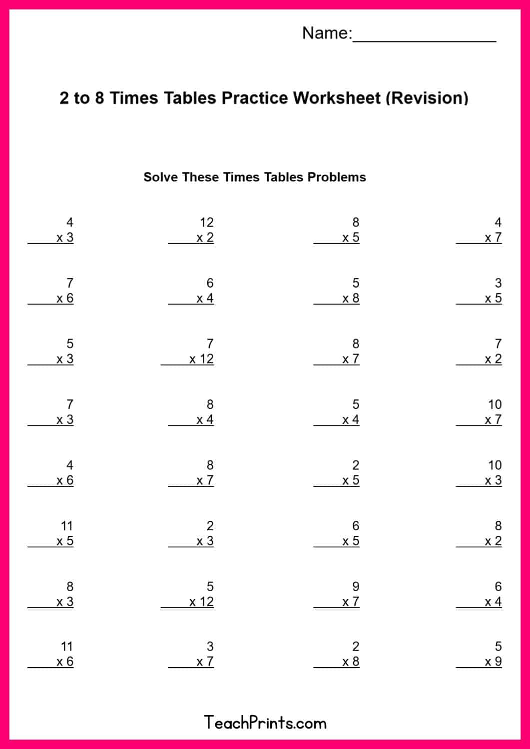 Free Eight Times Tables Worksheets (8 Versions) 5 eight times tables worksheet