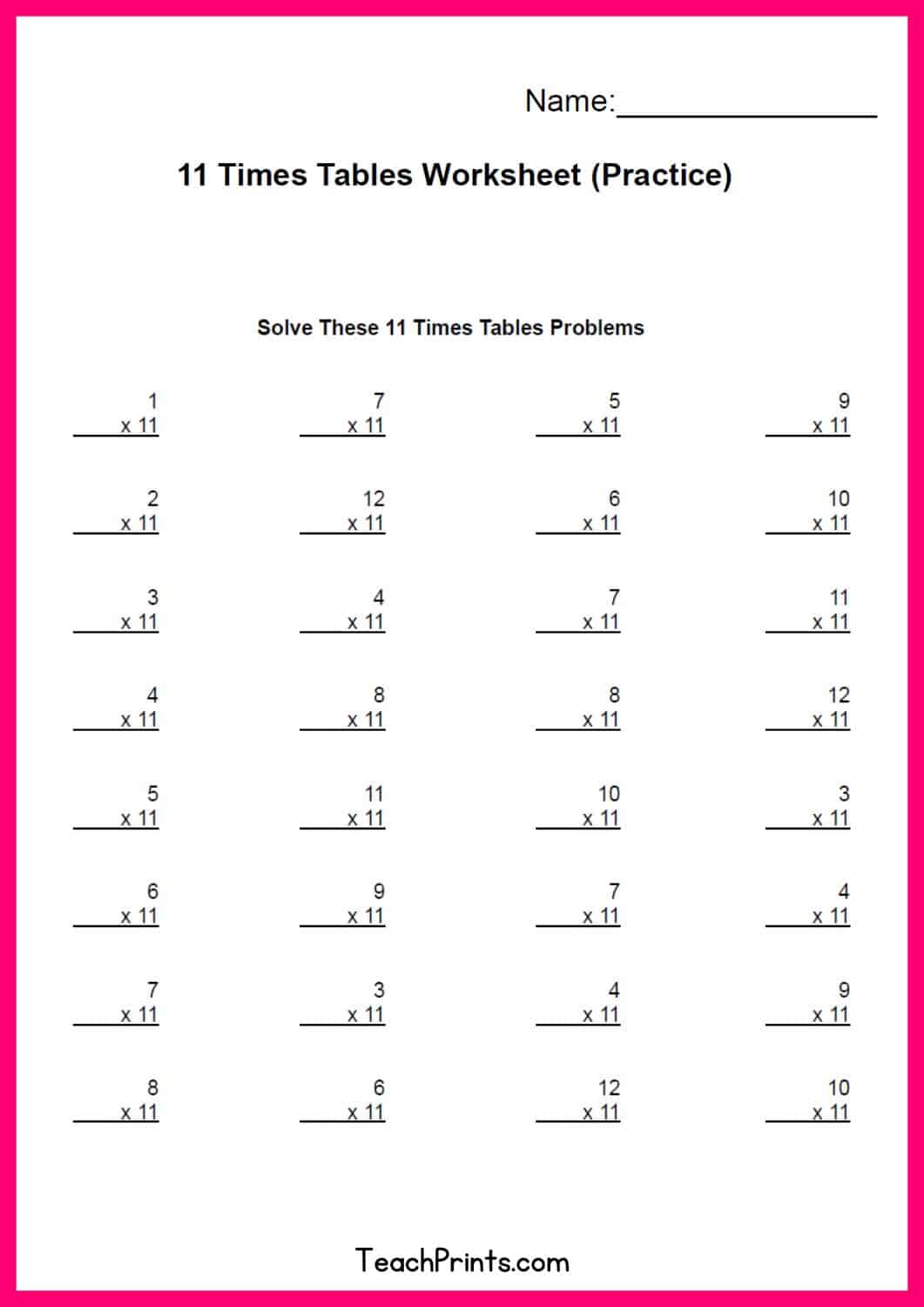 eleven times tables worksheet