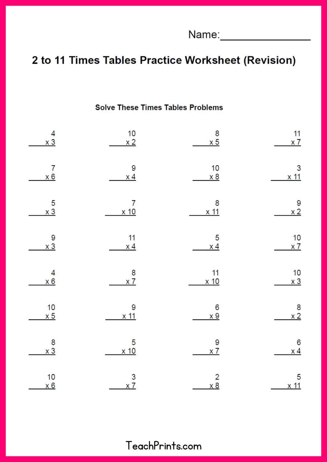 eleven times tables worksheet