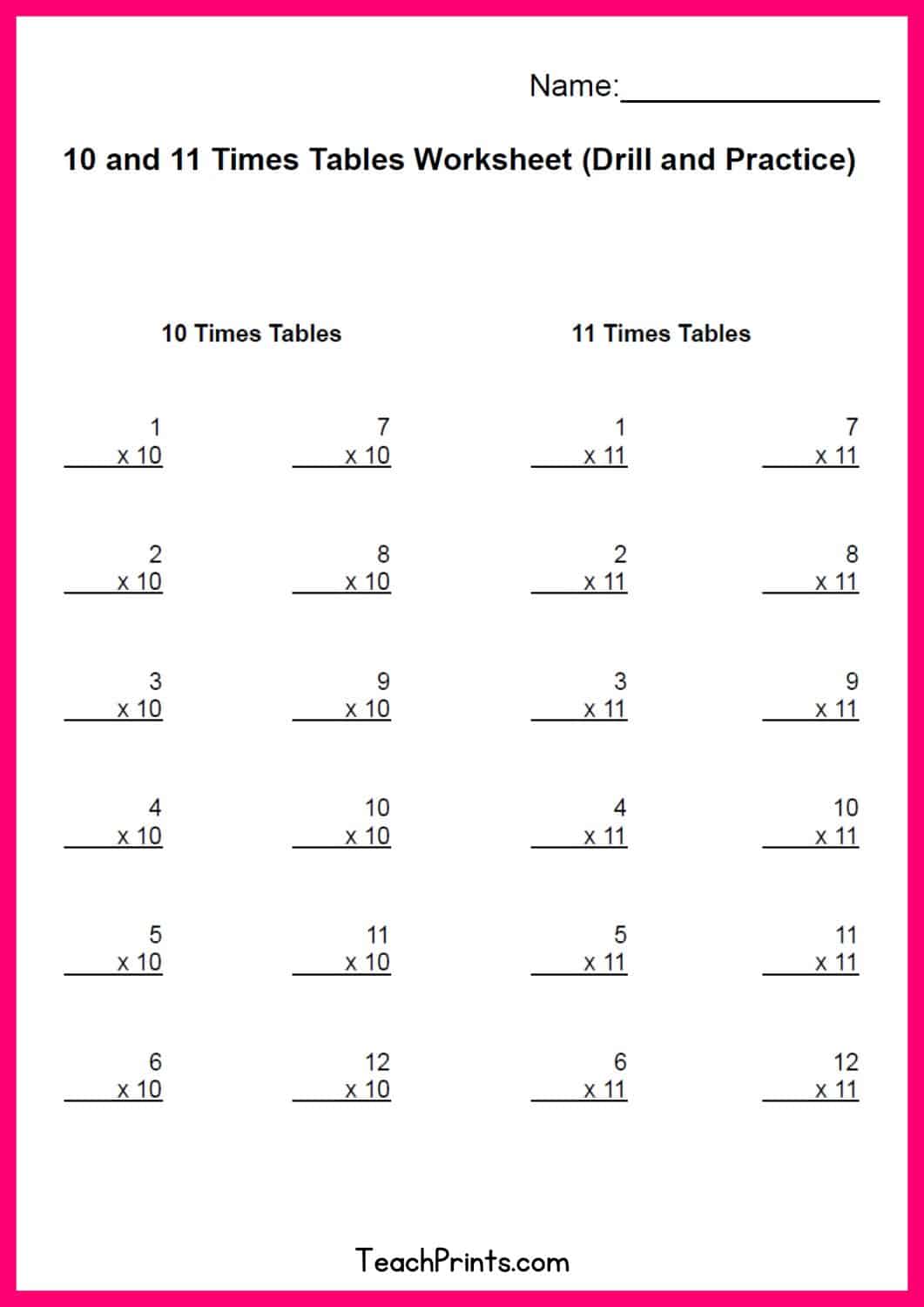 eleven times tables worksheet