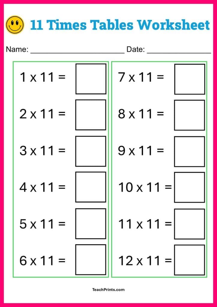 eleven times tables worksheet