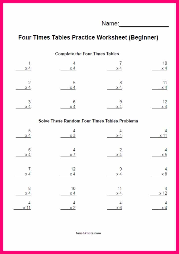 Free Four Times Tables Worksheets (8 Versions) Teach Prints