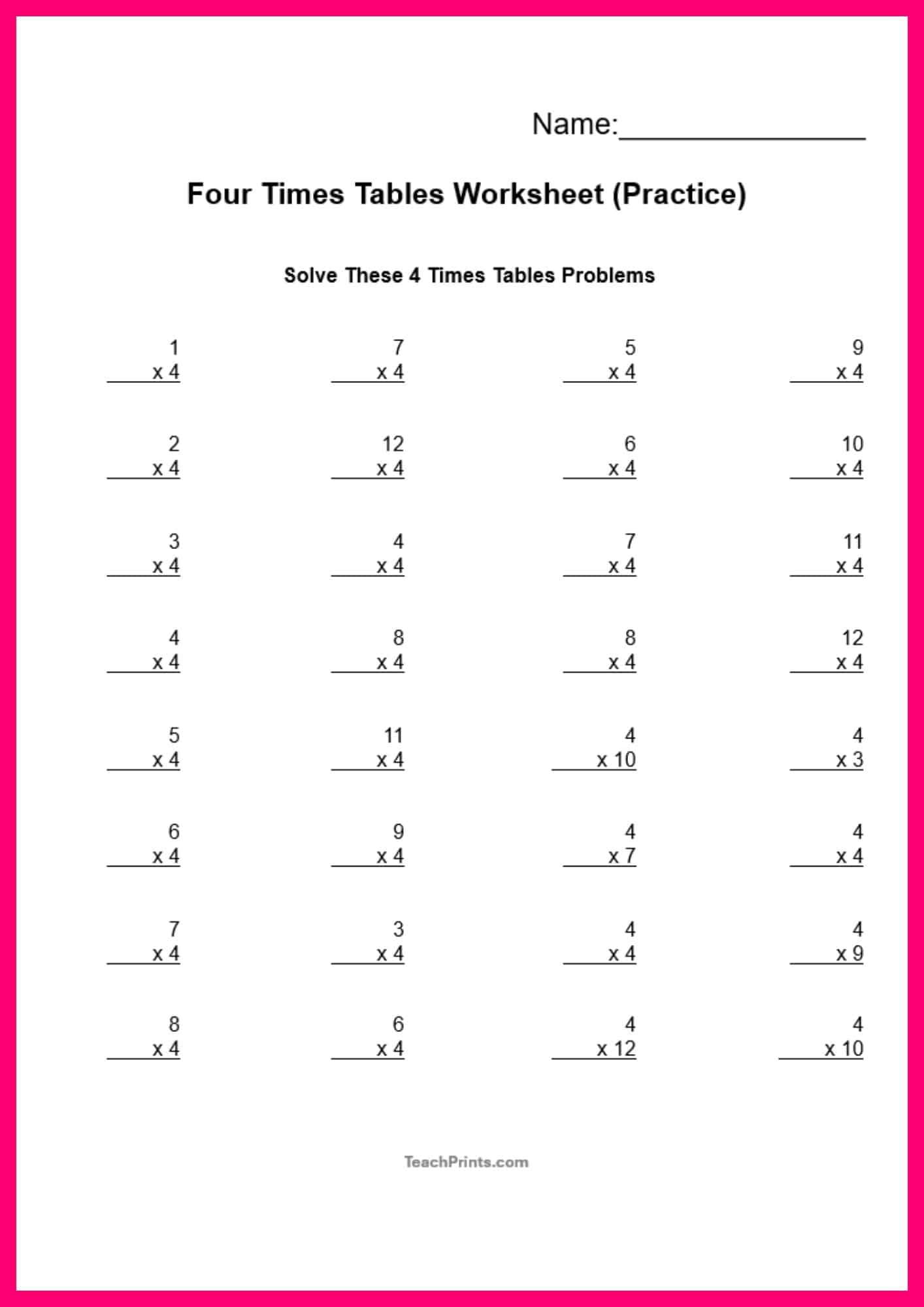 Free Four Times Tables Worksheets (8 Versions) 4 four times tables worksheet