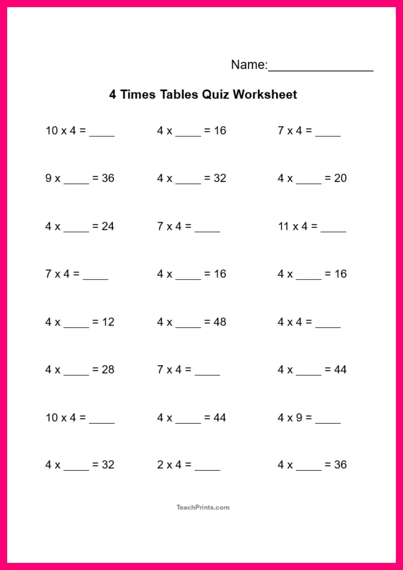Free Four Times Tables Worksheets (8 Versions) 9 four times tables worksheet