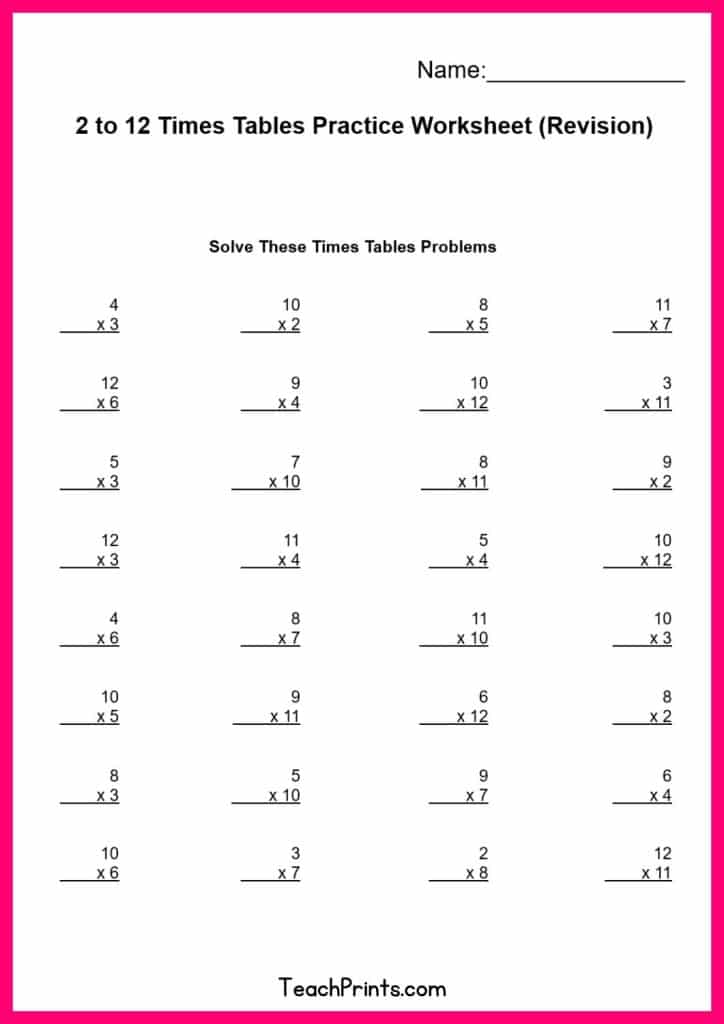 Free 12 Times Tables Worksheets 8 Versions Teach Prints