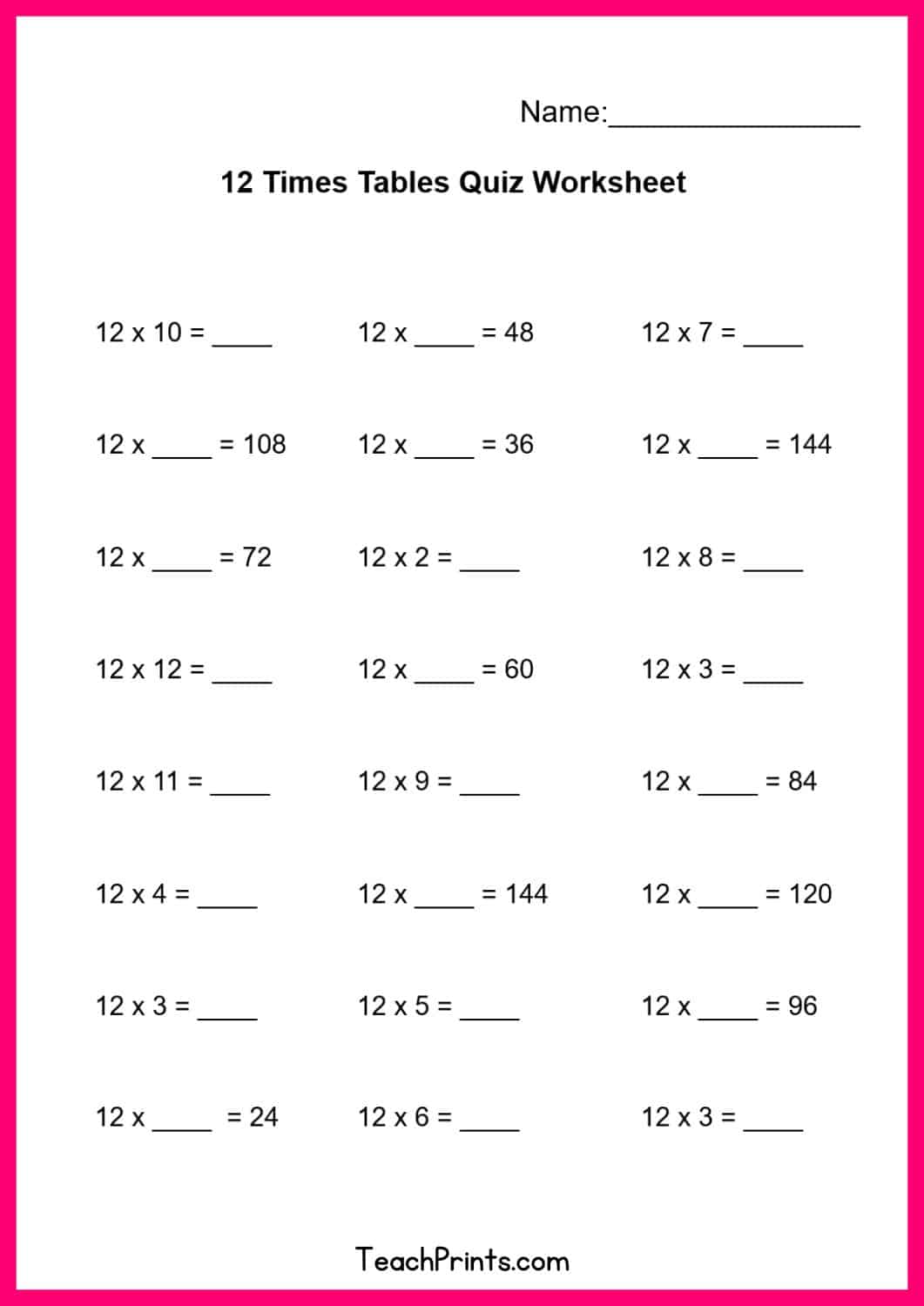 Free 12 Times Tables Worksheets 8 Versions Teach Prints