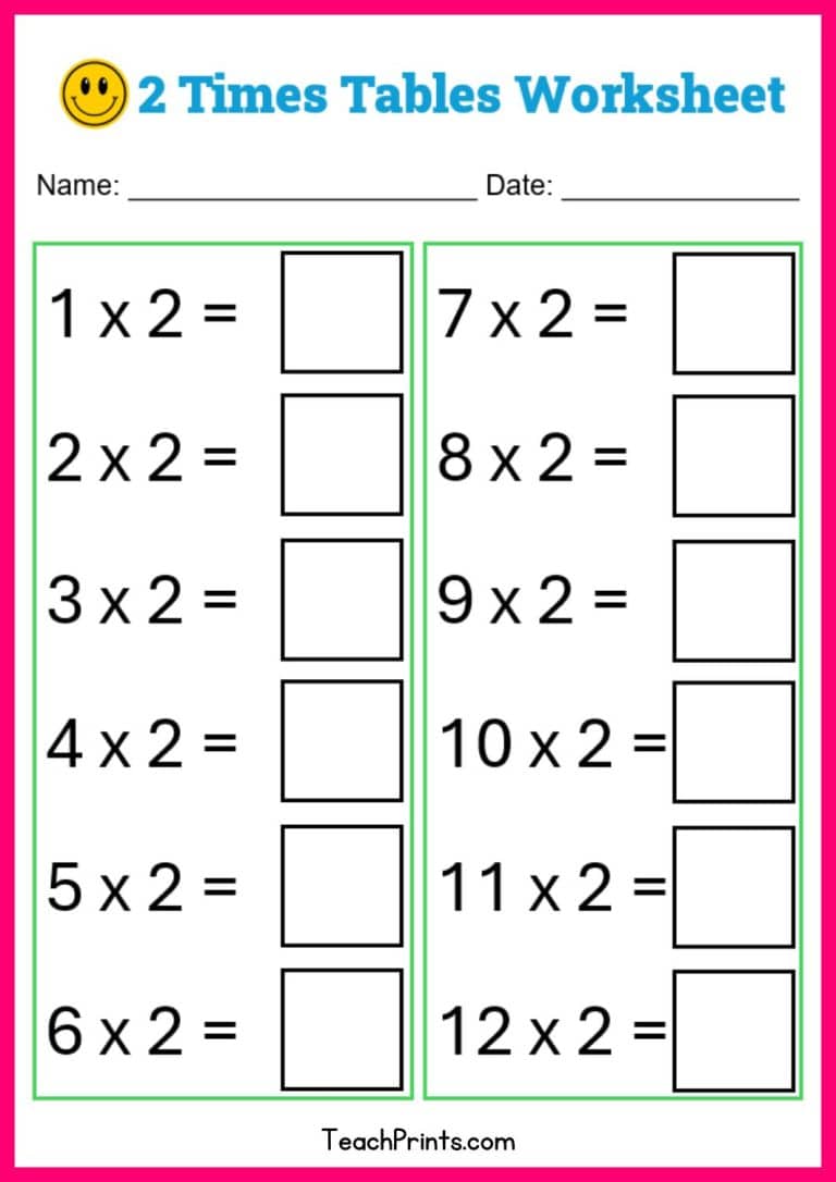 Free Two Times Tables Worksheets - Teach Prints