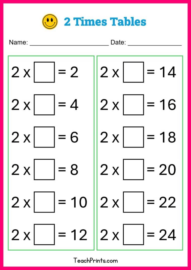 Free Two Times Tables Worksheets - Teach Prints