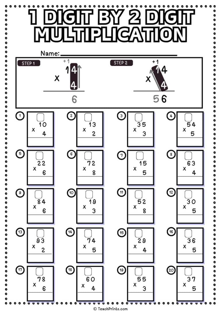 1 Digit by 2 Digit Multiplication Worksheets Teach Prints