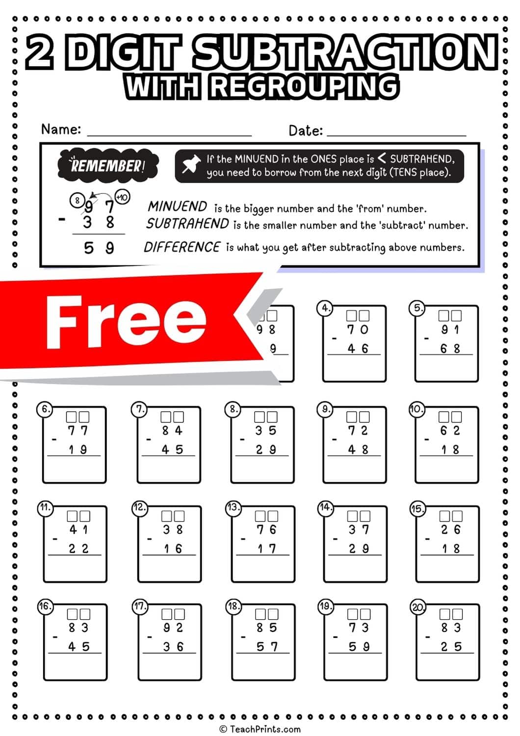 2 digit subtraction with regrouping
