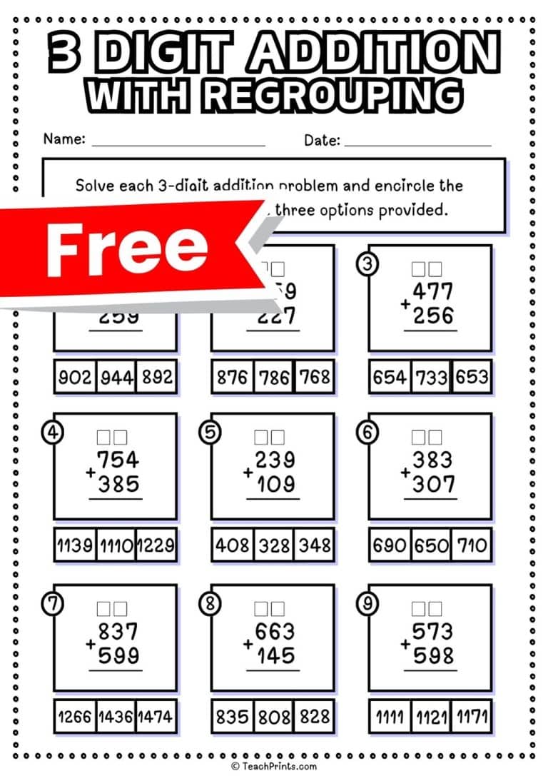 FREE 3 Digit Addition with Regrouping Worksheets Teach Prints