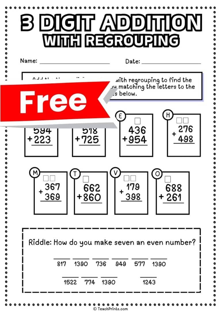 FREE 3 Digit Addition with Regrouping Worksheets Teach Prints