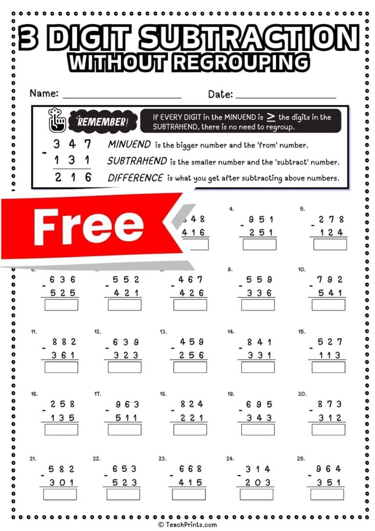 3 Digit Subtraction Without Regrouping Worksheets - Teach Prints