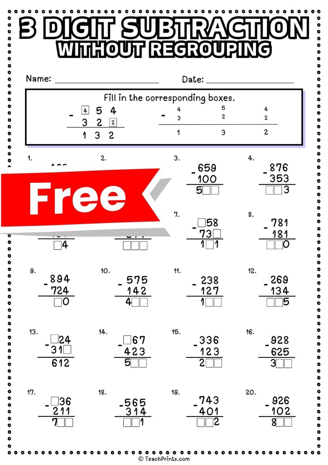 3 digit subtraction without regrouping