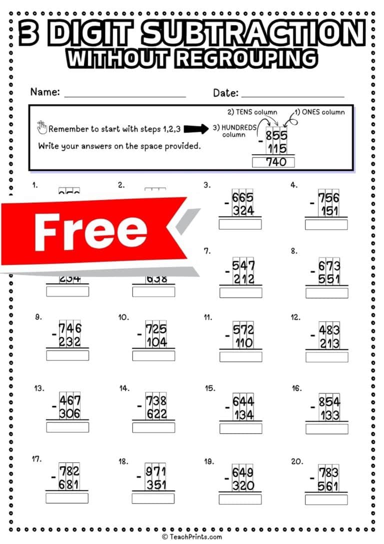 3 Digit Subtraction Without Regrouping Worksheets - Teach Prints
