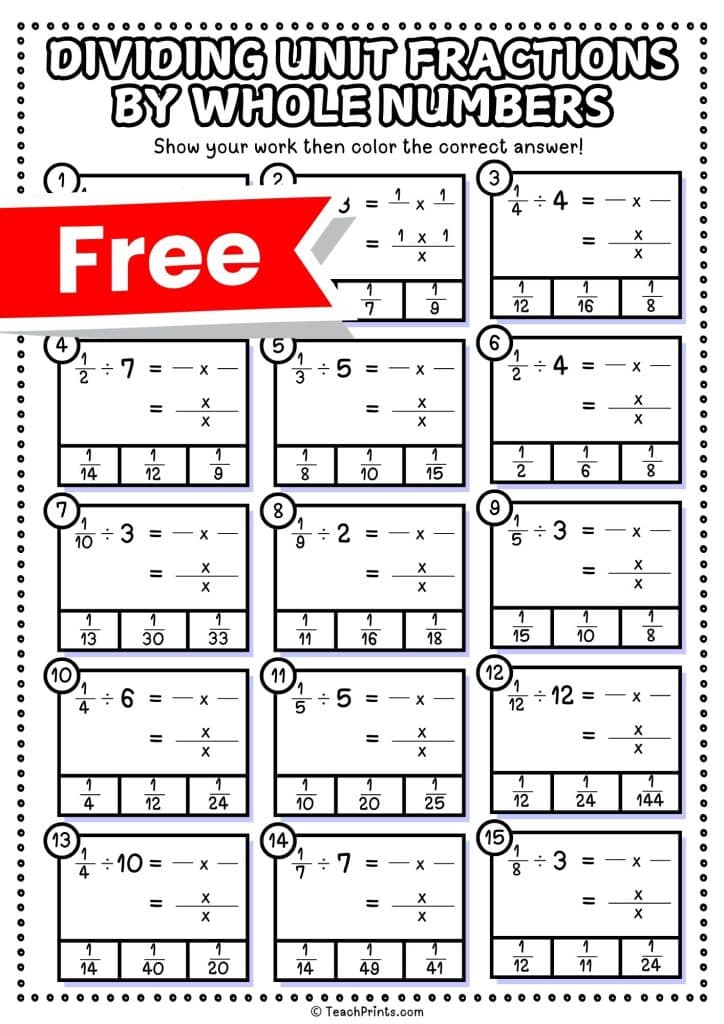 divide unit fractions by whole numbers worksheet