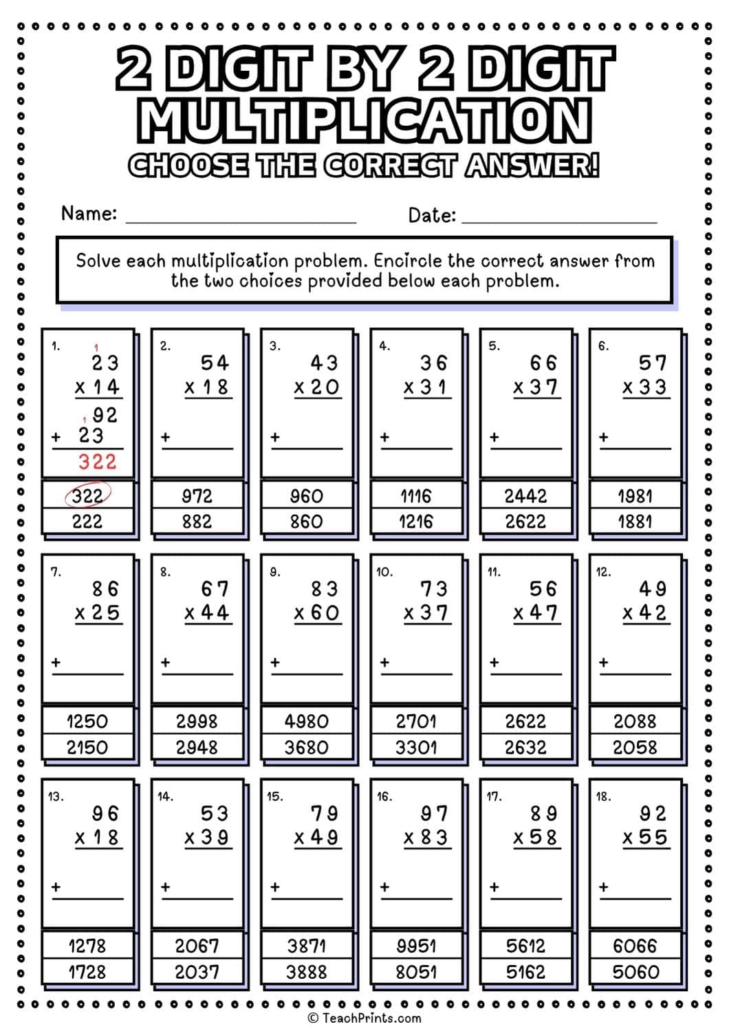 2 digit by 2 digit multiplication worksheet
