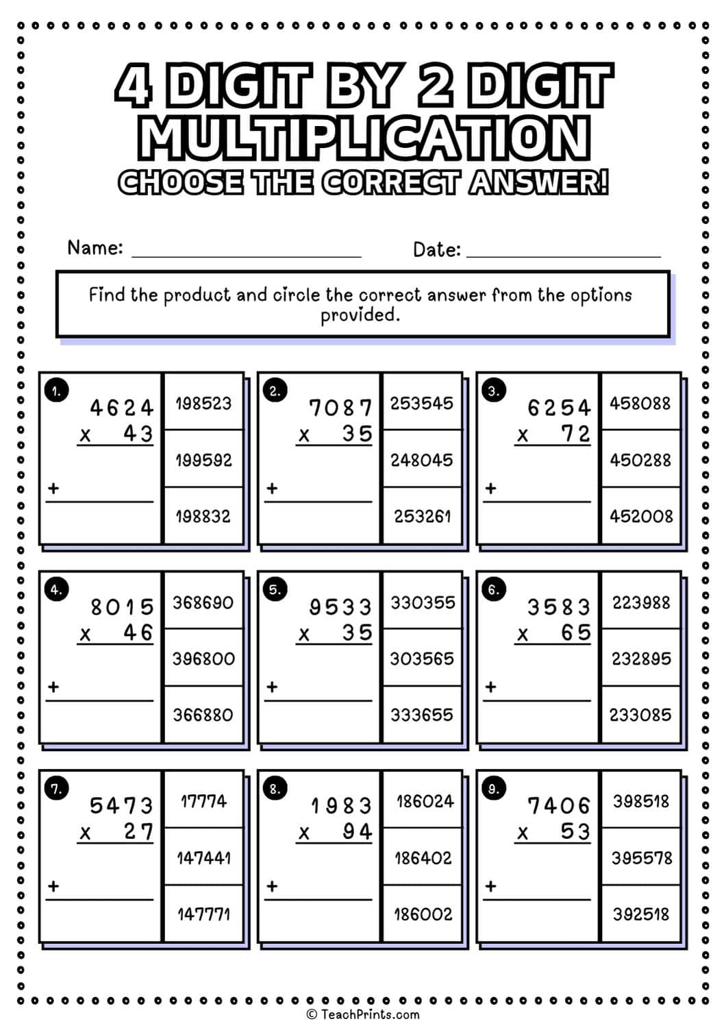 4 digit by 2 digit multiplication worksheet