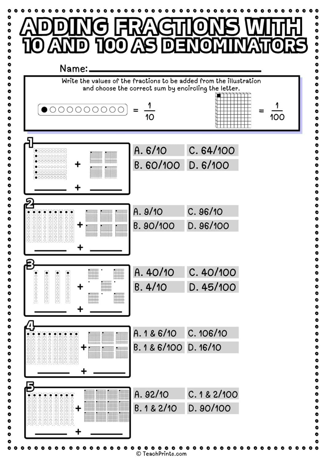 Adding fractions with 10 and 100 as denominators worksheet