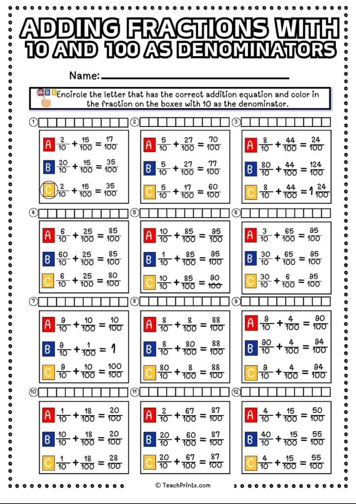 Adding fractions with 10 and 100 as denominators worksheet