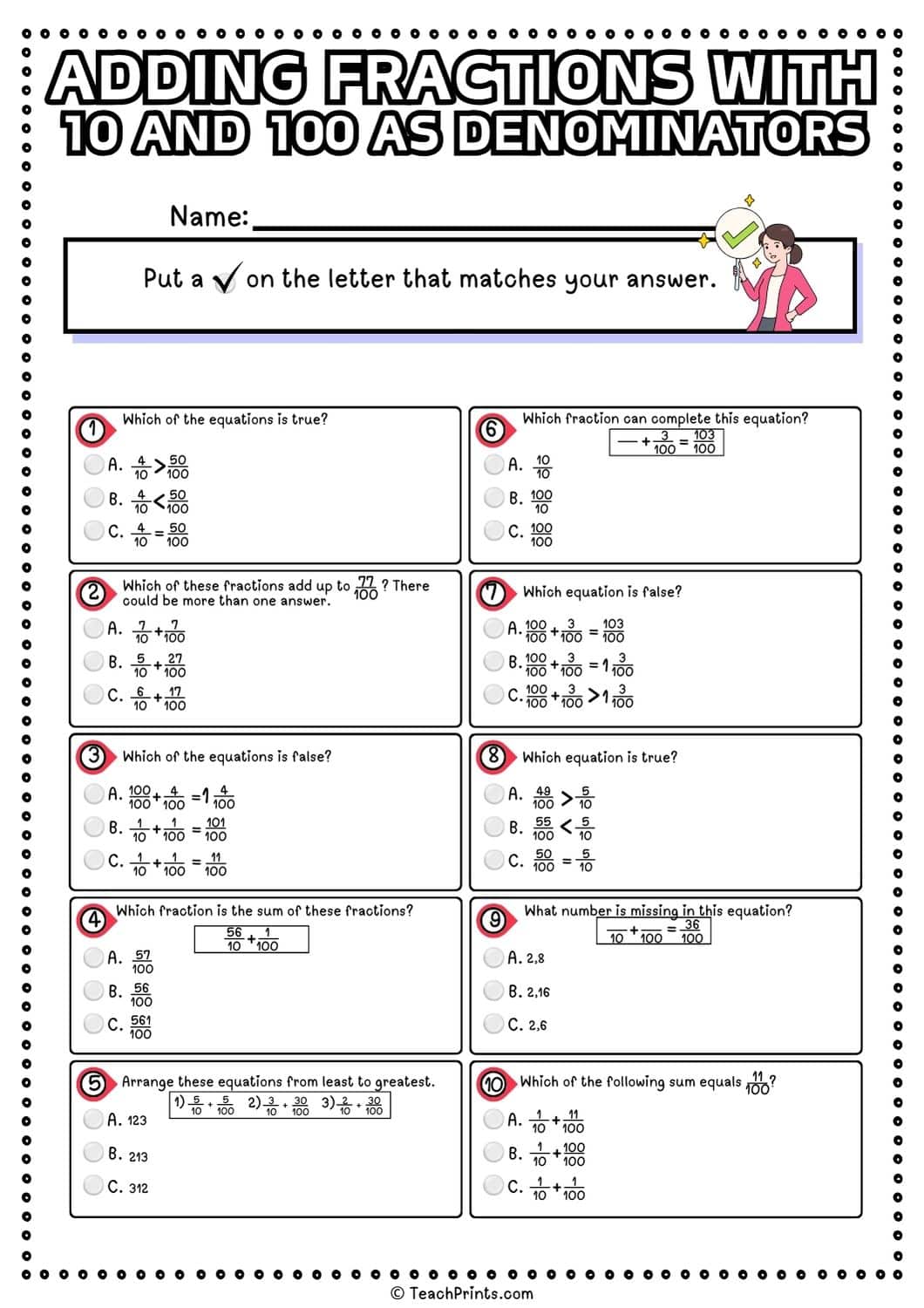 Adding fractions with 10 and 100 as denominators worksheet