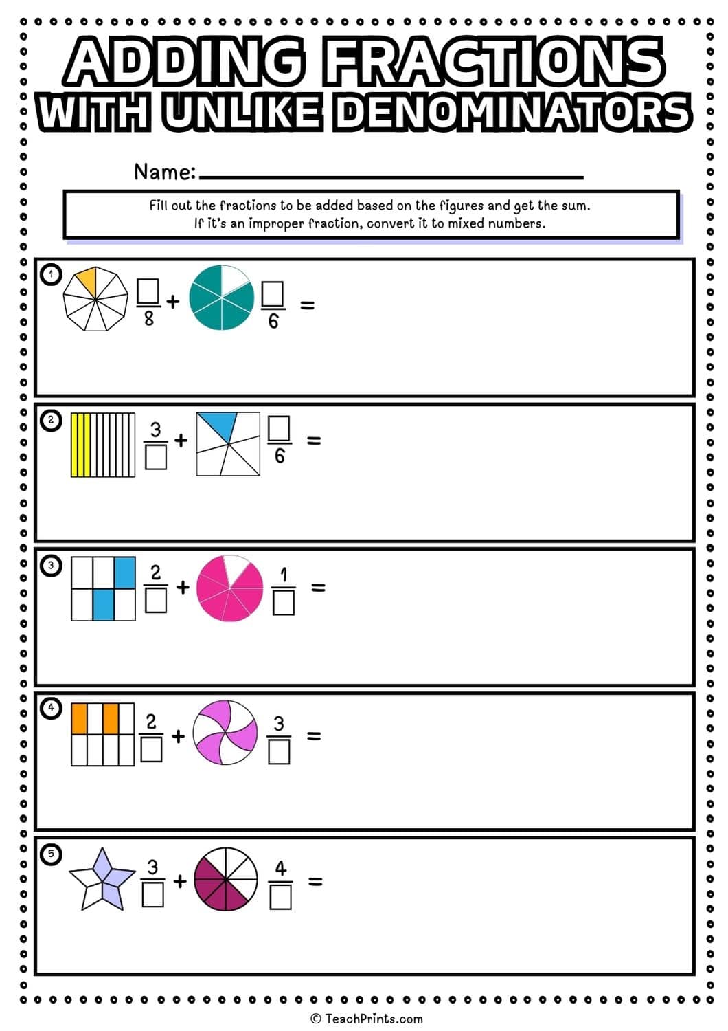 adding fractions with unlike denominators worksheet