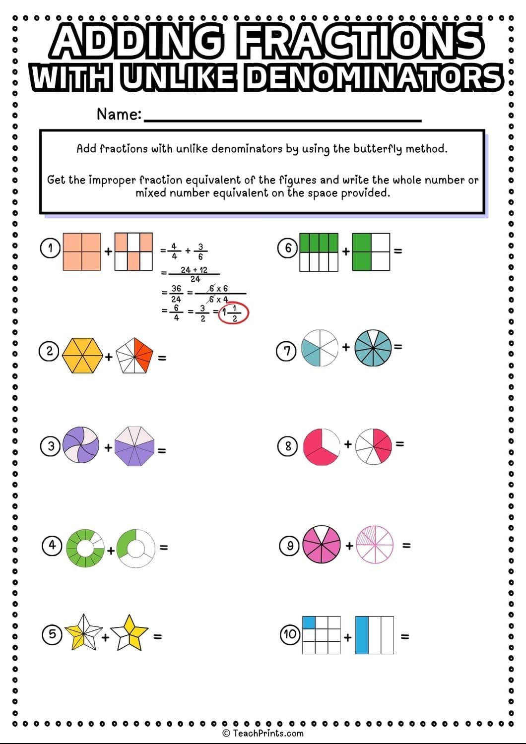 adding fractions with unlike denominators worksheet