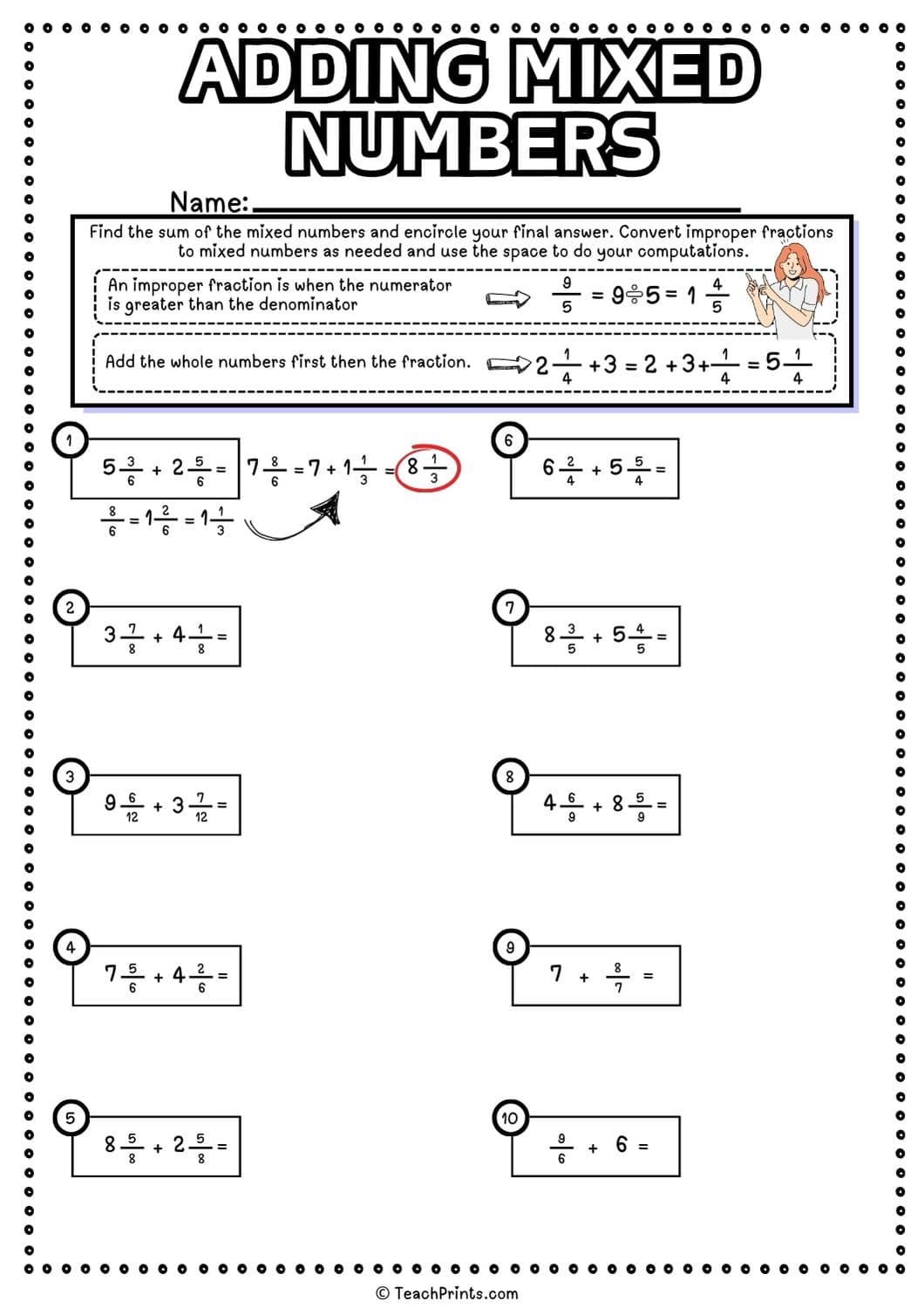 Free Adding Mixed Numbers Worksheets - Teach Prints