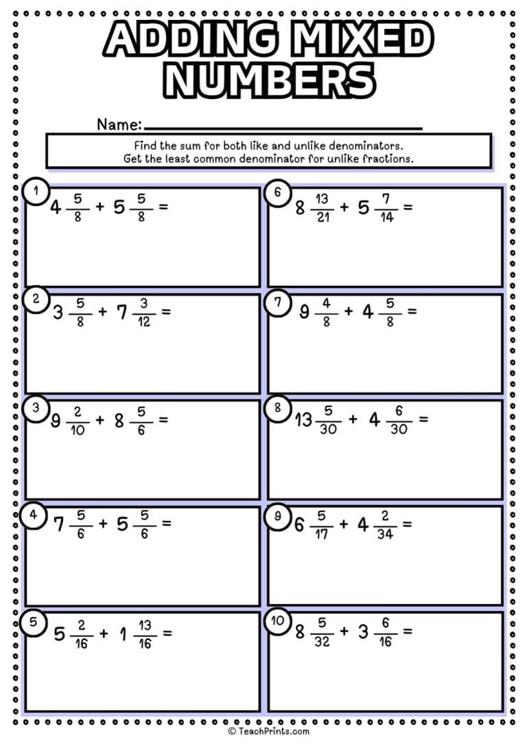 Free Adding Mixed Numbers Worksheets - Teach Prints