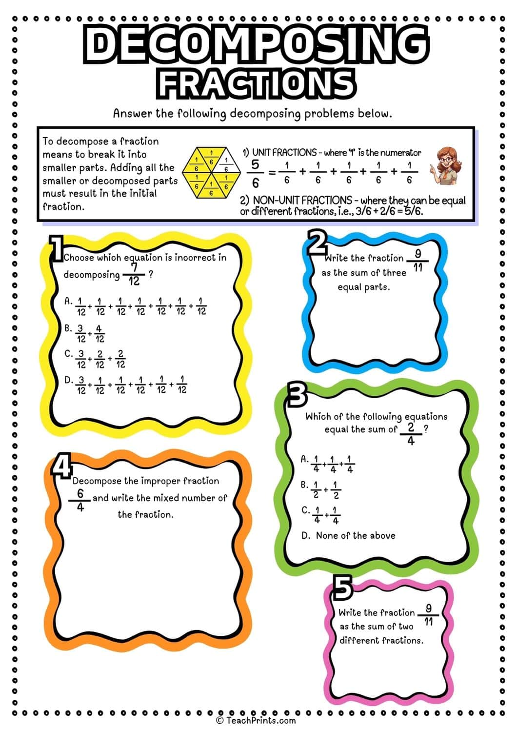 Free Decomposing Fractions Worksheets 3 Decomposing fractions worksheet