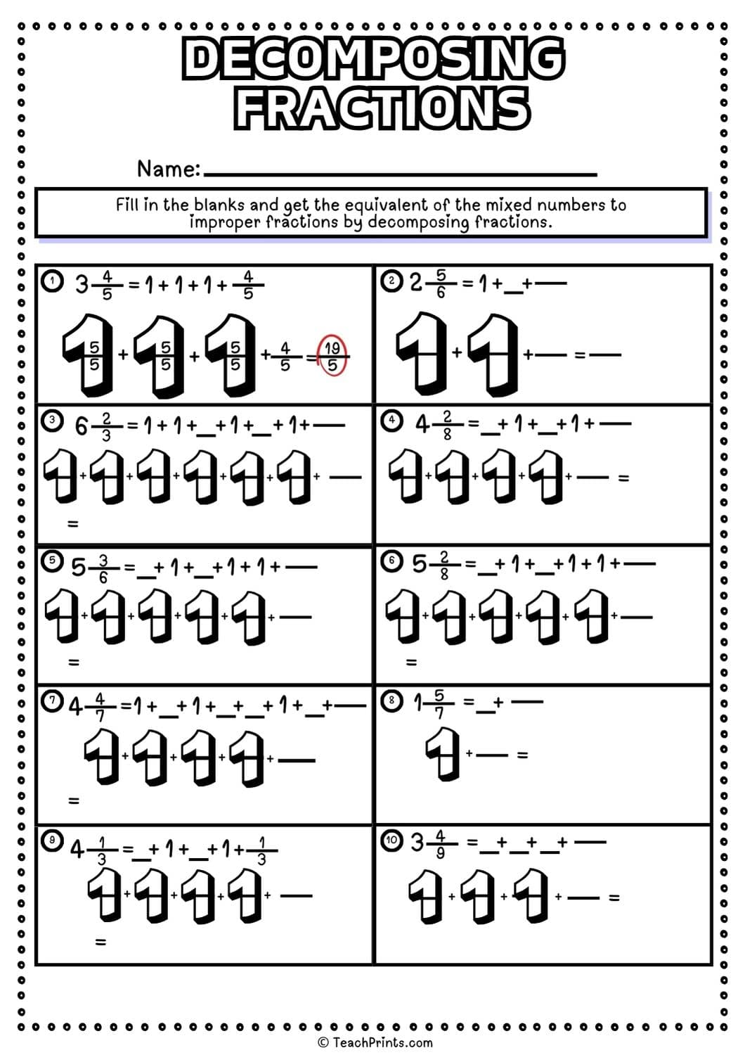Free Decomposing Fractions Worksheets 7 Decomposing fractions worksheet