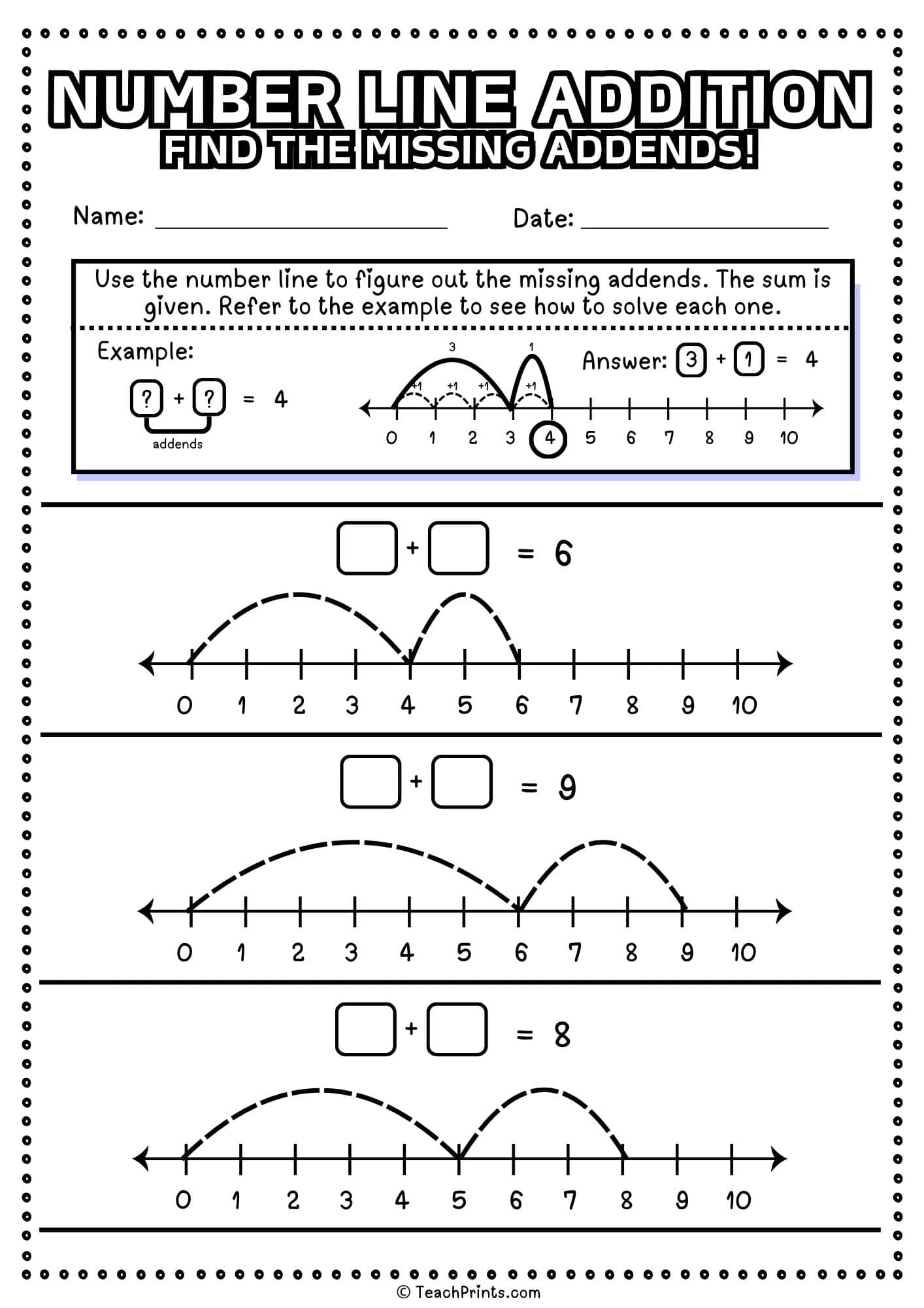 free number line addition worksheet