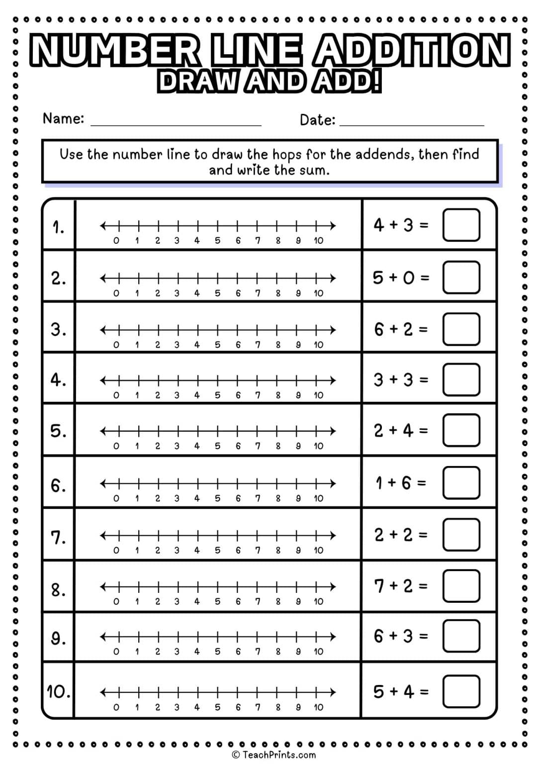 Number Line Addition Worksheets - Free! - Teach Prints