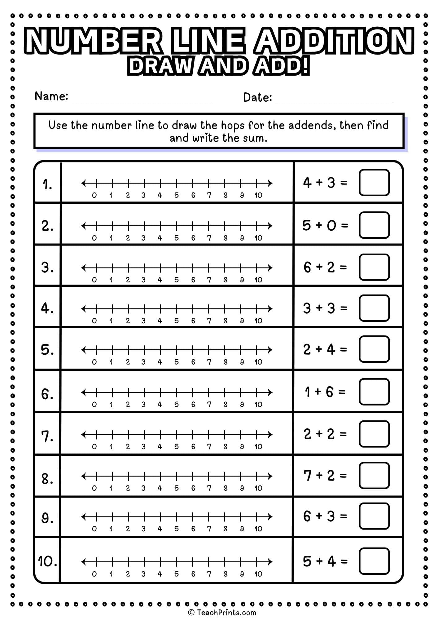 free number line addition worksheet