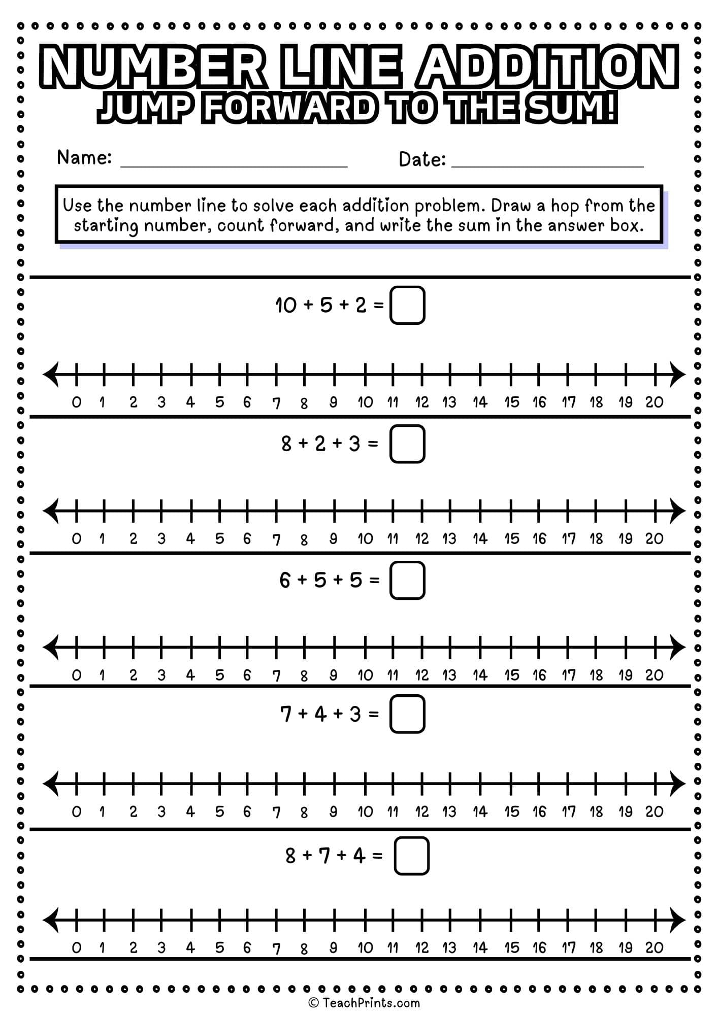 free number line addition worksheet