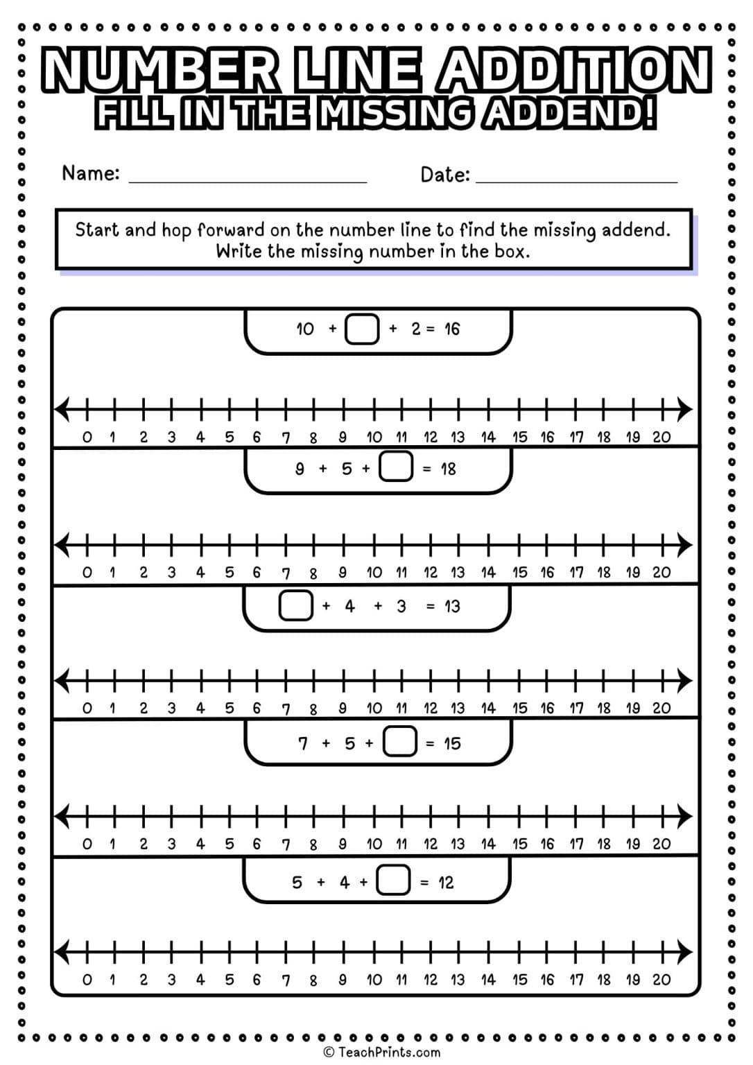 Number Line Addition Worksheets - Free! - Teach Prints