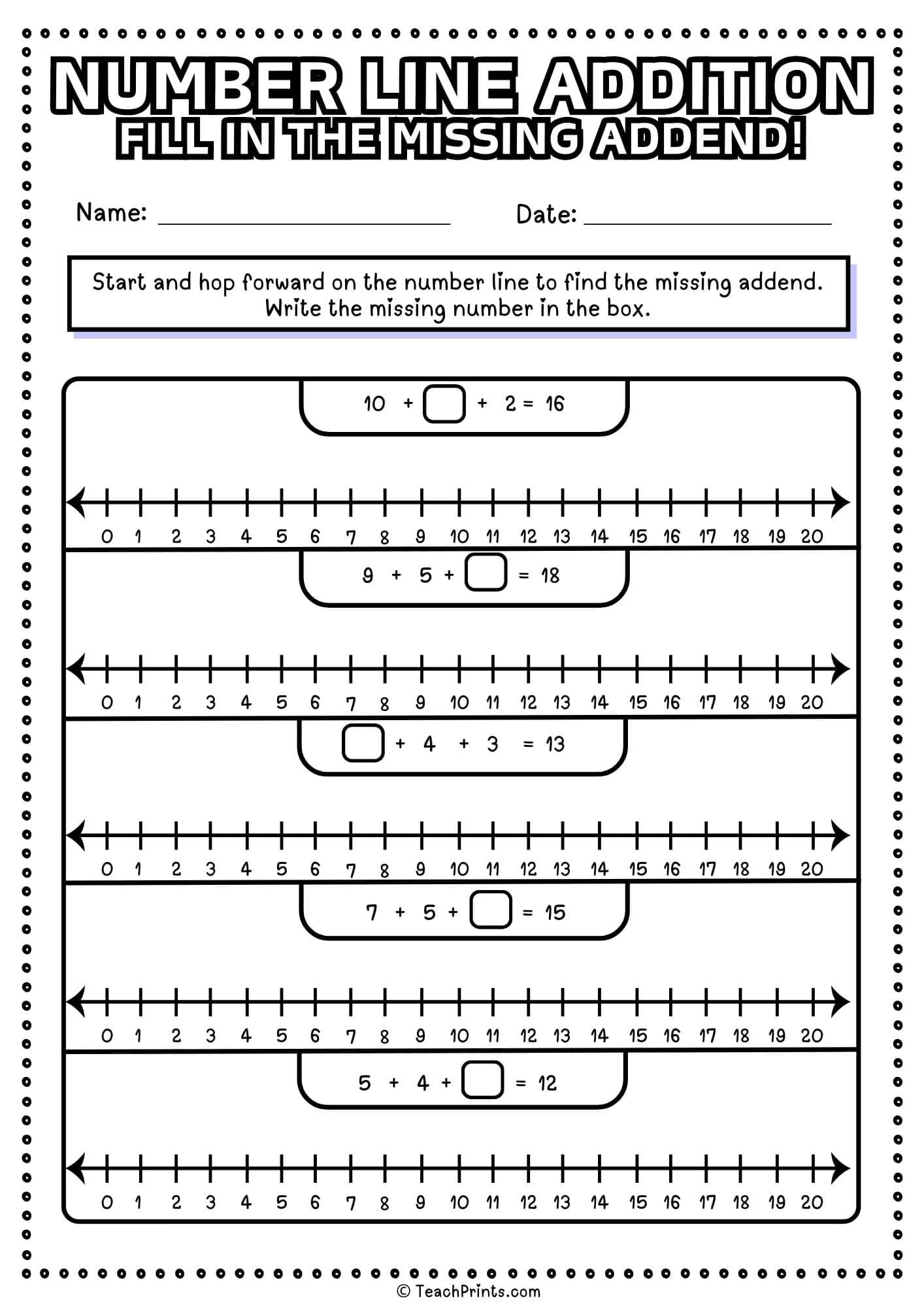 free number line addition worksheet