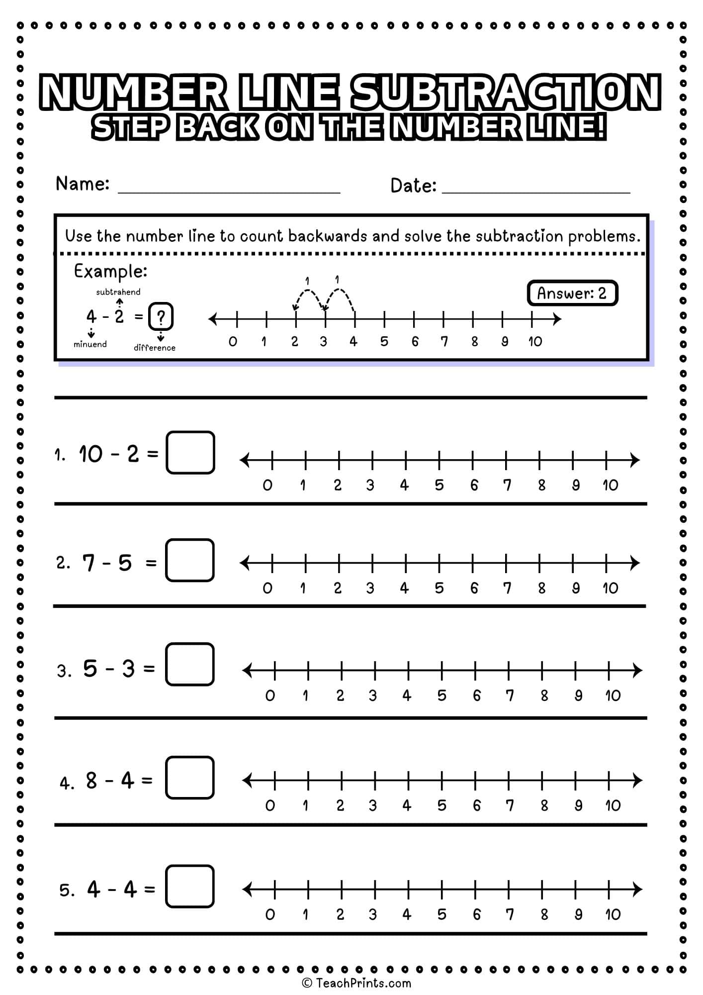 free number line subtraction worksheet