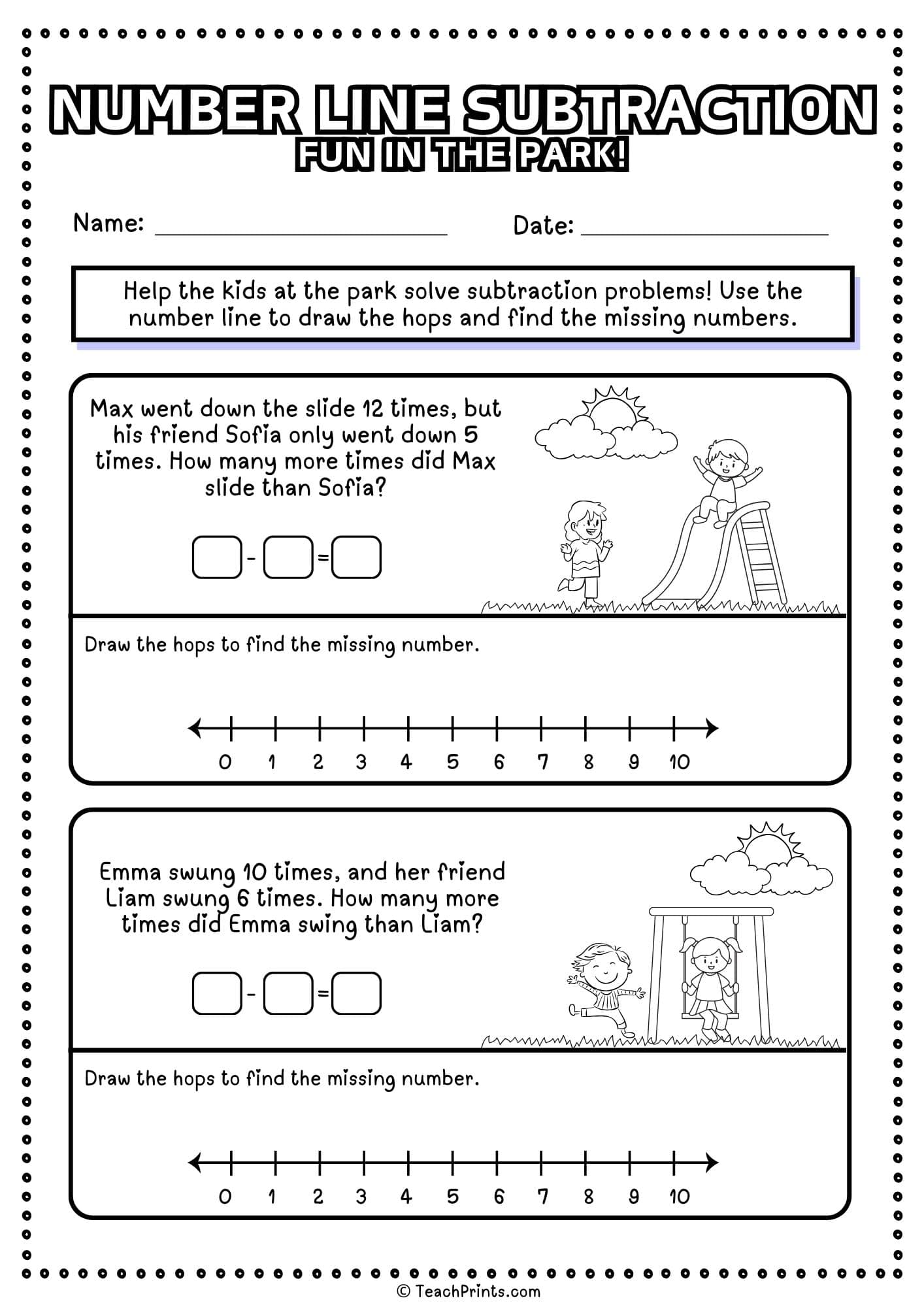 free number line subtraction worksheet