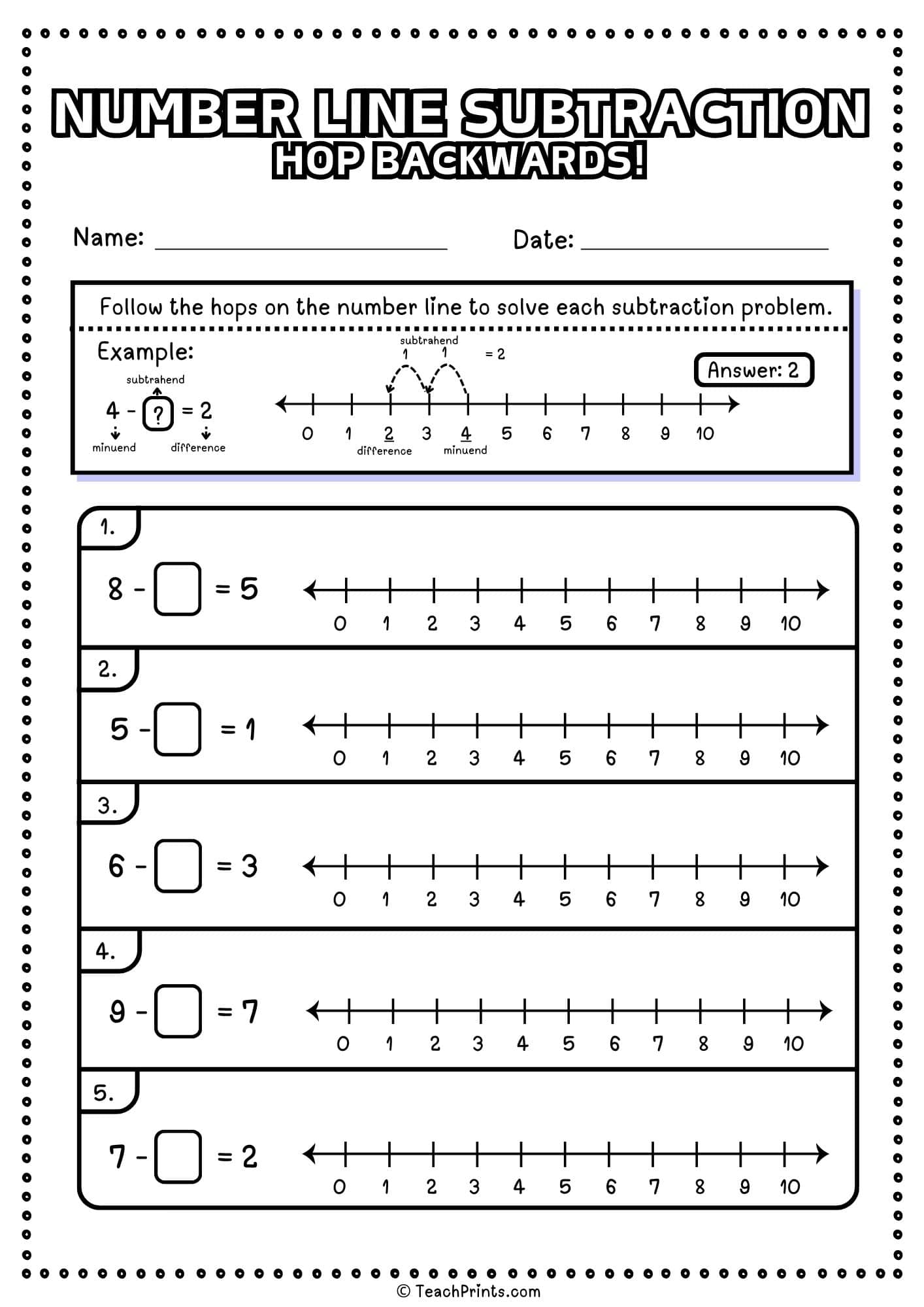 free number line subtraction worksheet